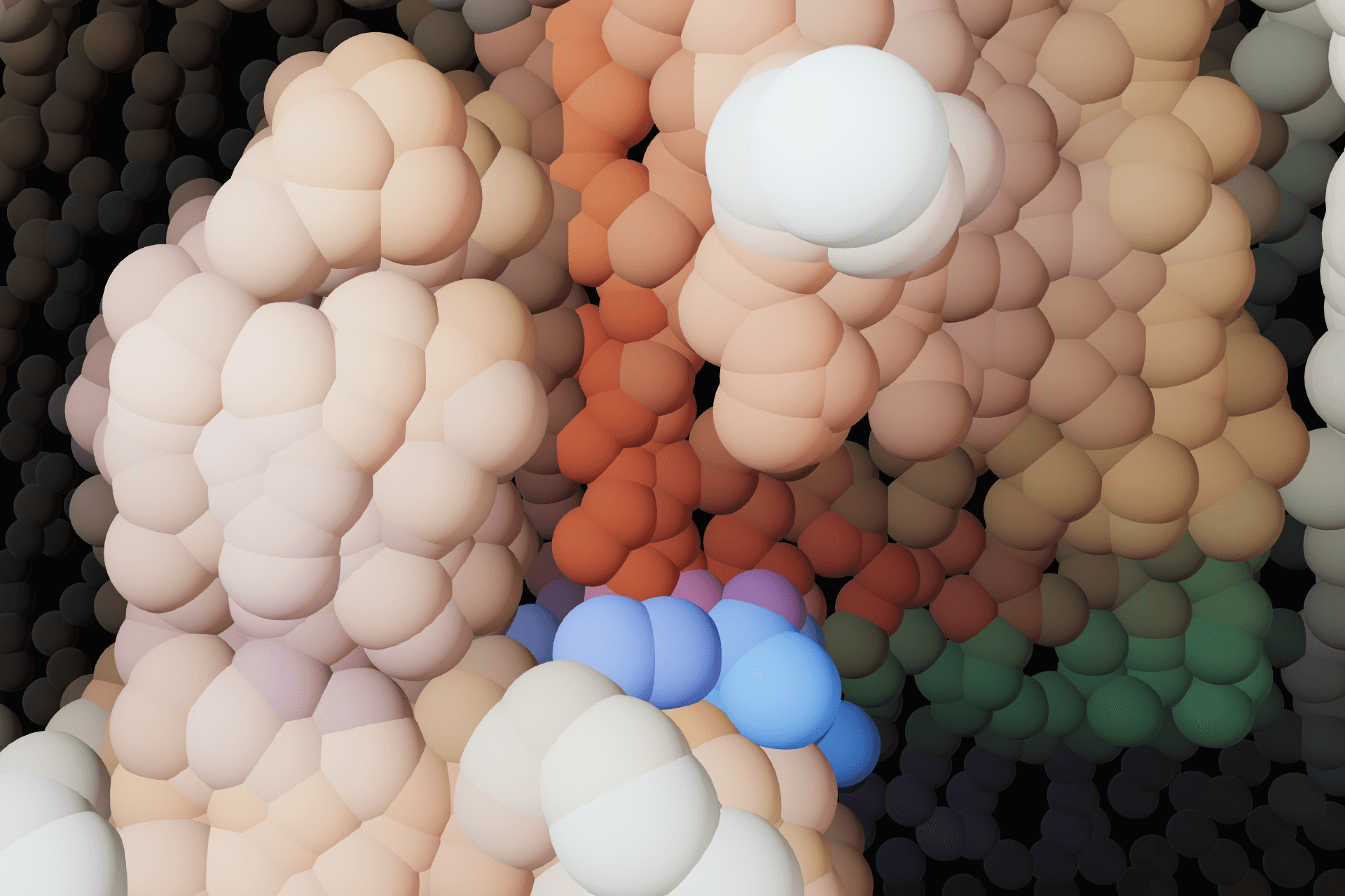 Grupos de esferas 3D en tonos durazno, blanco y azul sobre un fondo oscuro.